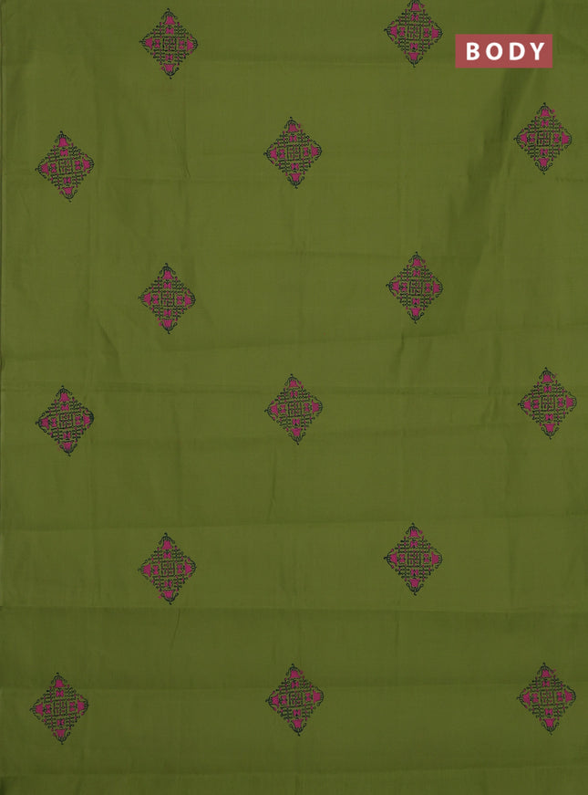 Semi silk cotton saree mehendi green and blue with rangoli butta prints and butta printed border