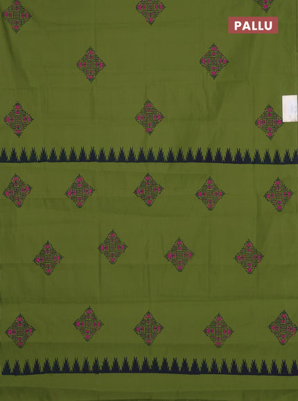 Semi silk cotton saree mehendi green and blue with rangoli butta prints and butta printed border