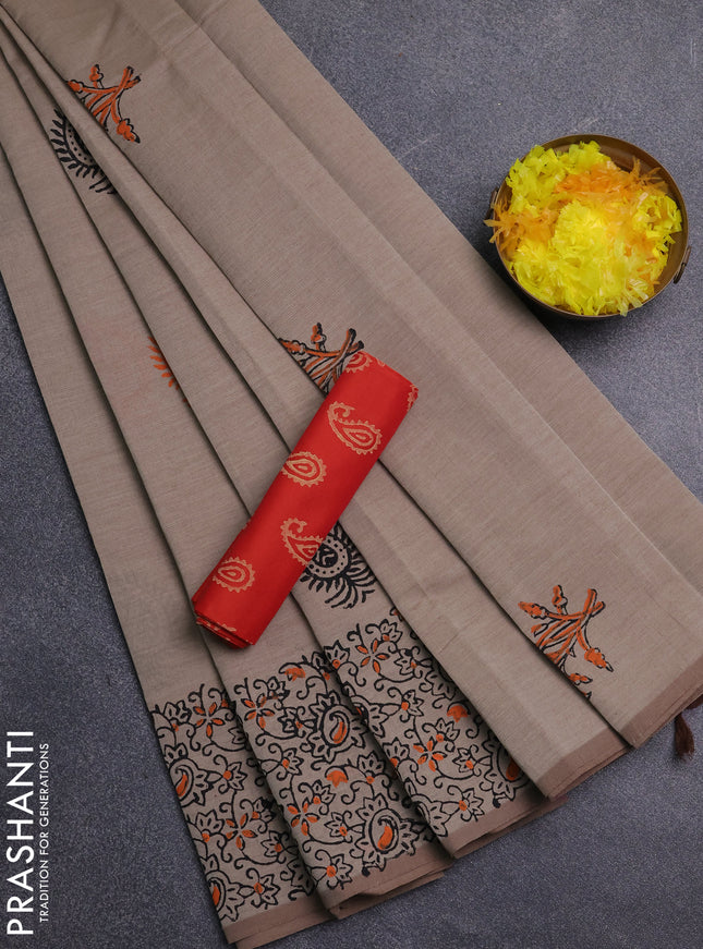 Semi silk cotton saree sandal and orange with butta prints and printed border