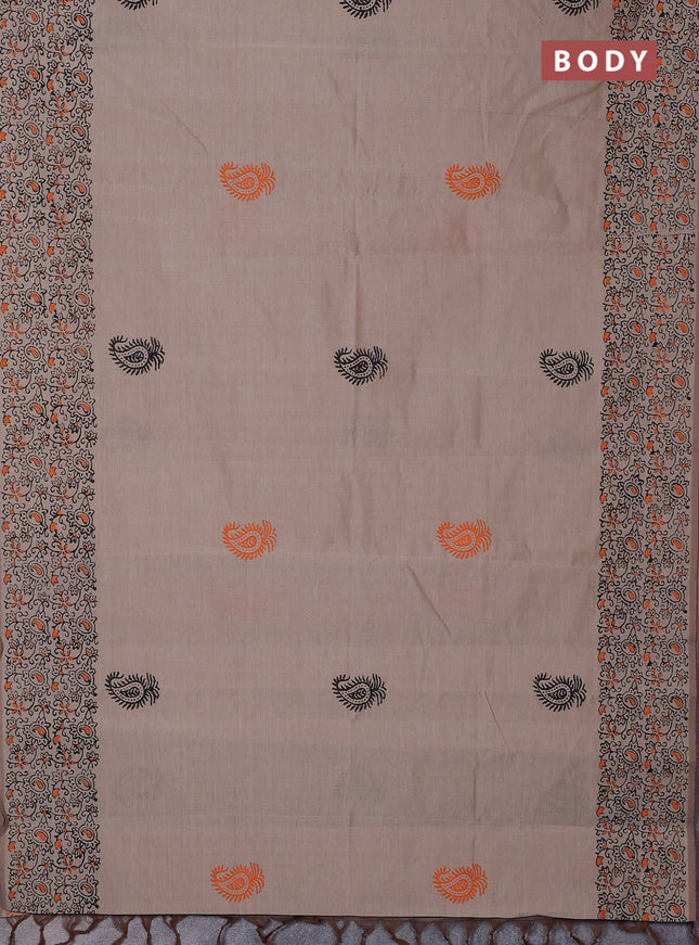 Semi silk cotton saree sandal and orange with butta prints and printed border
