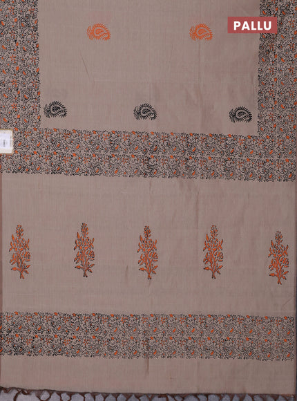 Semi silk cotton saree sandal and orange with butta prints and printed border
