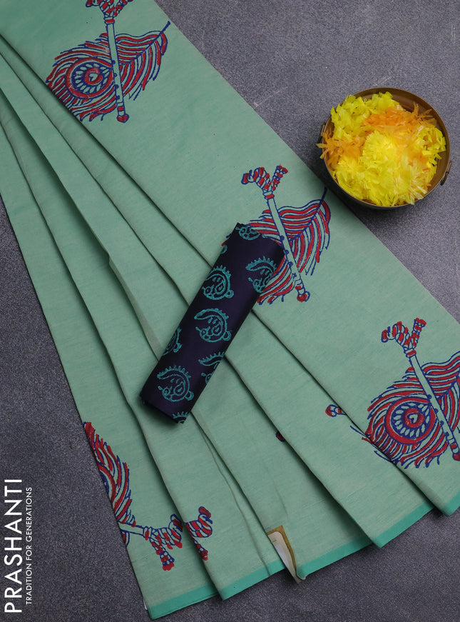 Semi silk cotton saree teal green shade and blue with butta prints and butta printed border