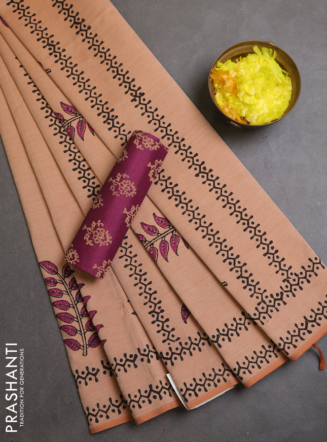 Semi silk cotton saree sandal and wine shade with leaf butta prints and printed border