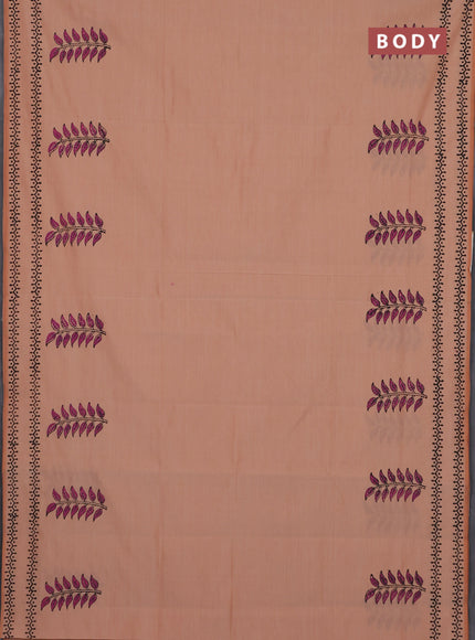 Semi silk cotton saree sandal and wine shade with leaf butta prints and printed border