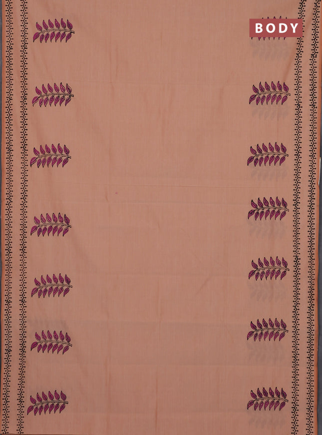 Semi silk cotton saree sandal and wine shade with leaf butta prints and printed border