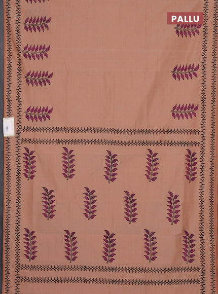 Semi silk cotton saree sandal and wine shade with leaf butta prints and printed border