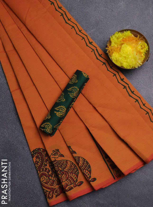 Semi silk cotton saree sunset orange and green with annam butta prints and butta printed border