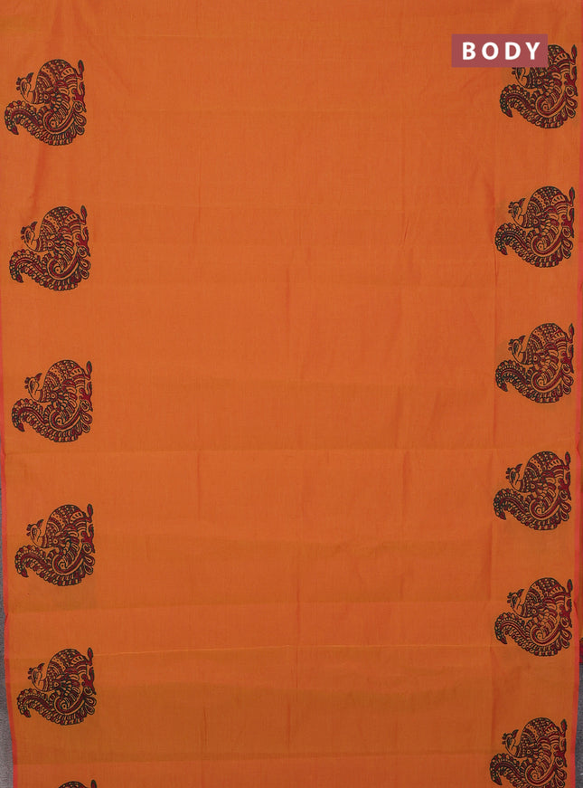 Semi silk cotton saree sunset orange and green with annam butta prints and butta printed border