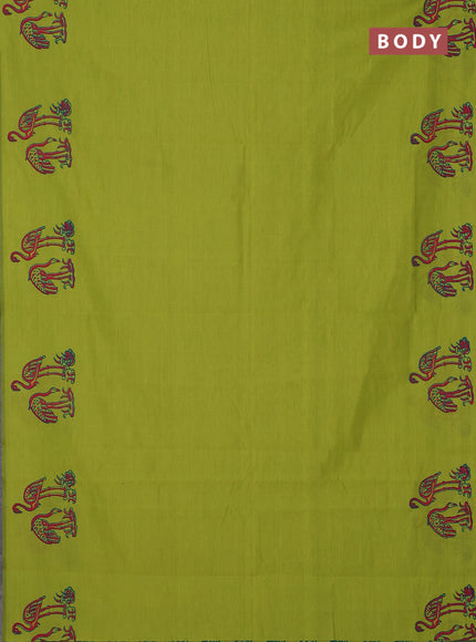 Semi silk cotton saree fluorescent green and cs blue with plain body and butta printed border
