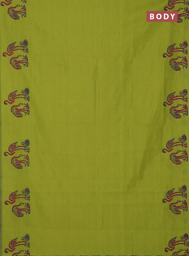 Semi silk cotton saree fluorescent green and cs blue with plain body and butta printed border