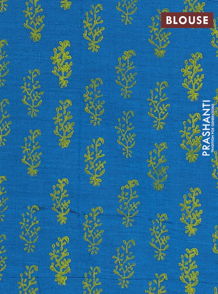 Semi silk cotton saree fluorescent green and cs blue with plain body and butta printed border