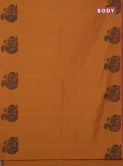 Semi silk cotton saree dark mustard and green with annam butta prints and butta printed border