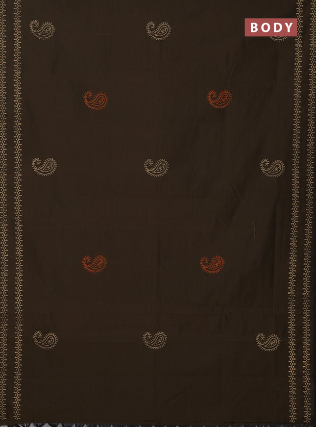 Semi silk cotton saree military green and orange with paisley butta prints and printed border