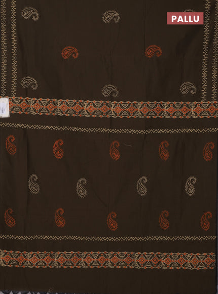 Semi silk cotton saree military green and orange with paisley butta prints and printed border