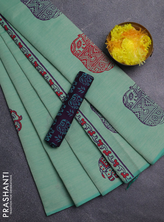 Semi silk cotton saree teal green shade and purple with elephant butta prints and butta printed border