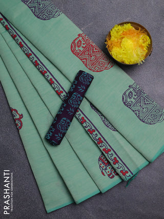 Semi silk cotton saree teal green shade and purple with elephant butta prints and butta printed border