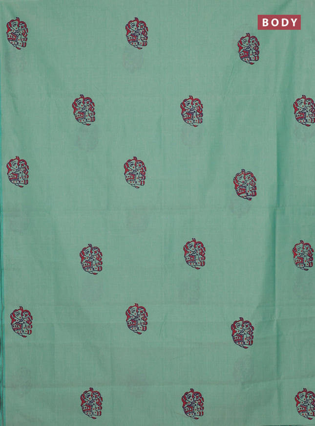 Semi silk cotton saree teal green shade and purple with elephant butta prints and butta printed border