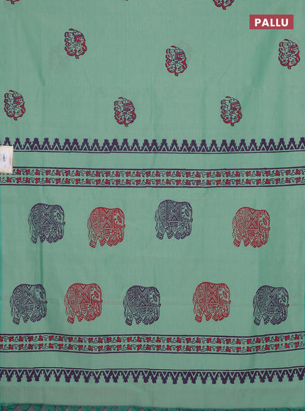 Semi silk cotton saree teal green shade and purple with elephant butta prints and butta printed border