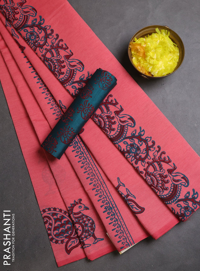 Semi silk cotton saree peach pink shade and peacock green with butta prints and kalamkari butta printed border