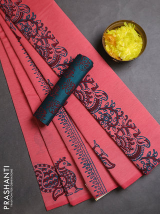 Semi silk cotton saree peach pink shade and peacock green with butta prints and kalamkari butta printed border