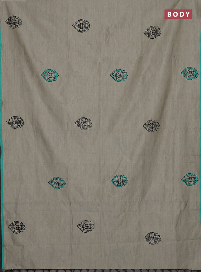 Semi silk cotton saree beige and teal green shade with butta prints and butta printed border