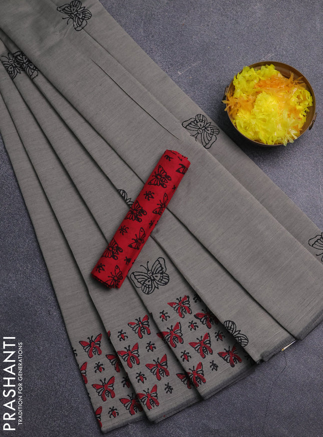 Semi silk cotton saree grey and red with butta prints and printed border