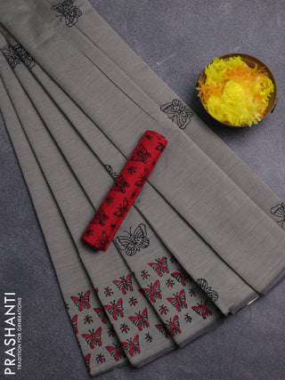 Semi silk cotton saree grey and red with butta prints and printed border