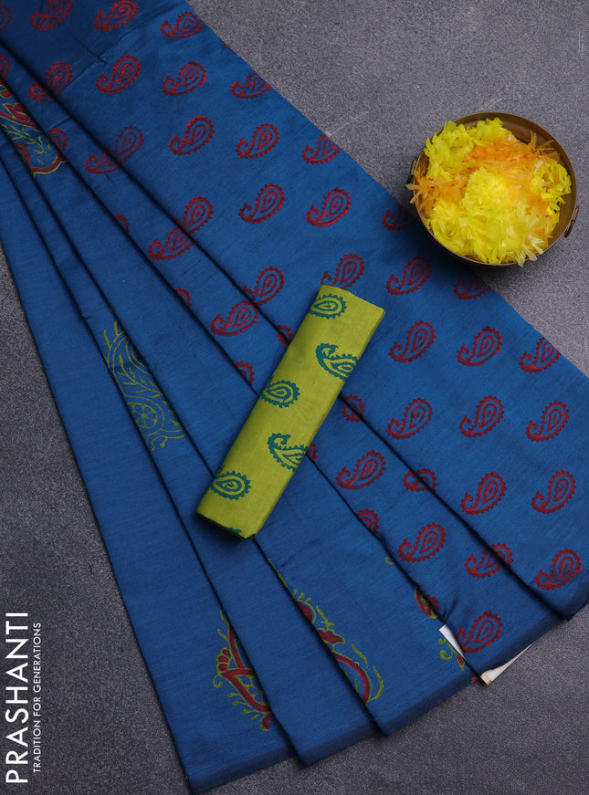 Semi silk cotton saree cs blue and light green with butta prints and butta printed border