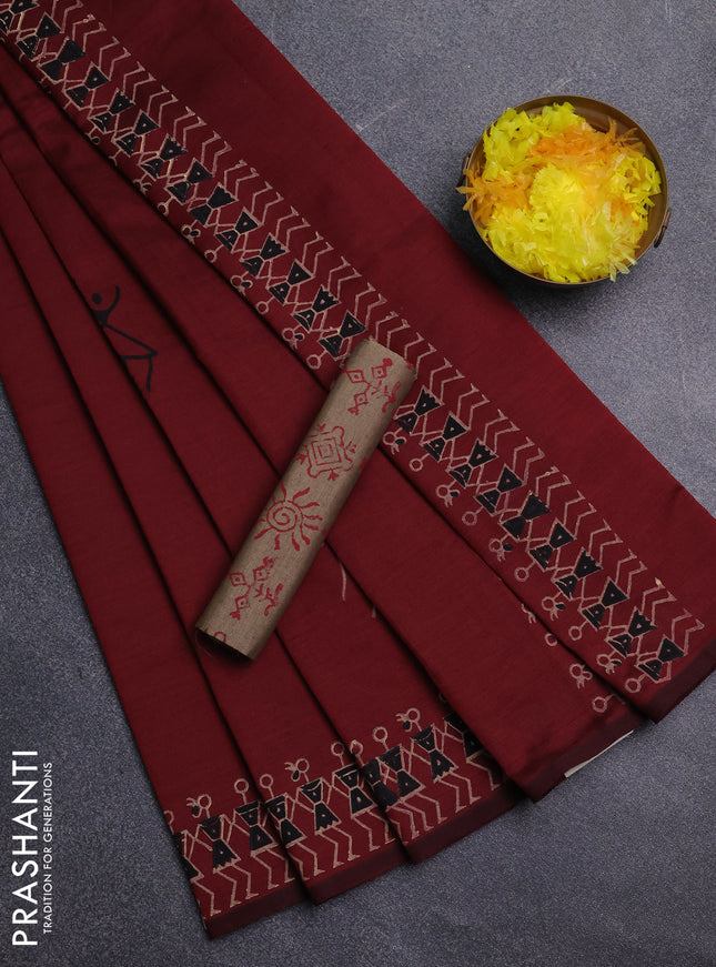 Semi silk cotton saree maroon and beige with warli butta prints and printed border