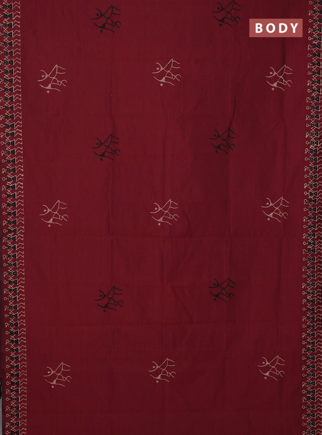 Semi silk cotton saree maroon and beige with warli butta prints and printed border