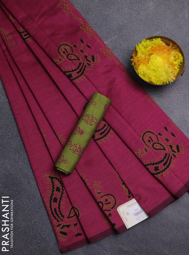 Semi silk cotton saree magenta pink and light green with butta prints and peacock butta printed border