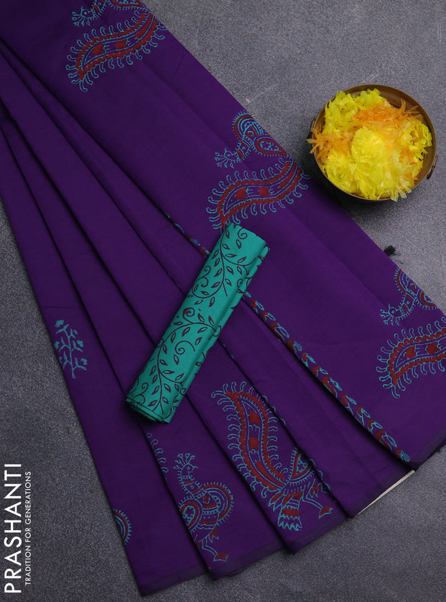Semi silk cotton saree violet and teal green with butta prints and peacock butta printed border