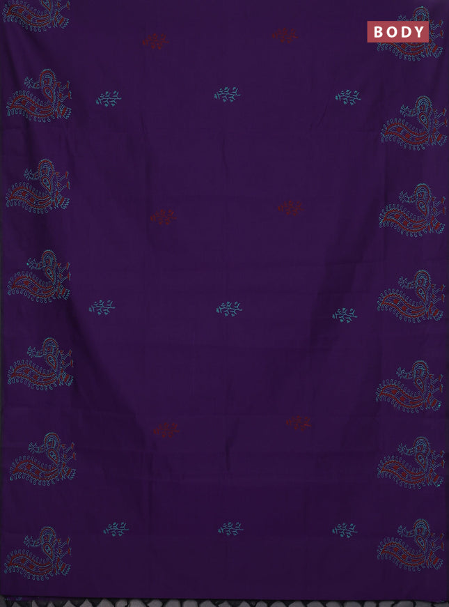 Semi silk cotton saree violet and teal green with butta prints and peacock butta printed border