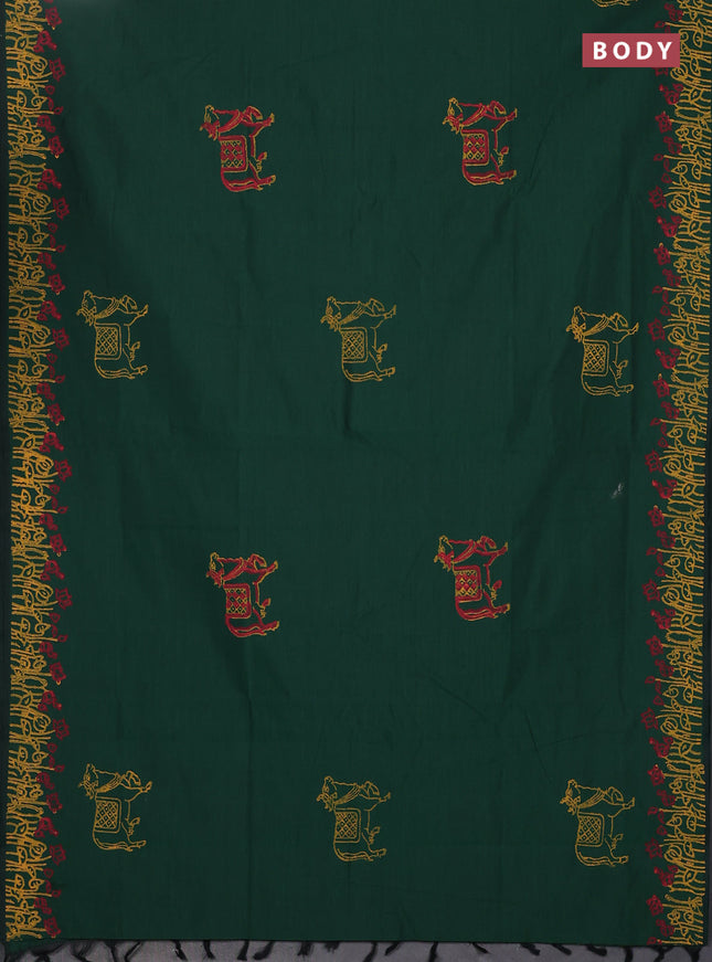 Semi silk cotton saree green and mustard yellow with pichwai butta prints and printed border
