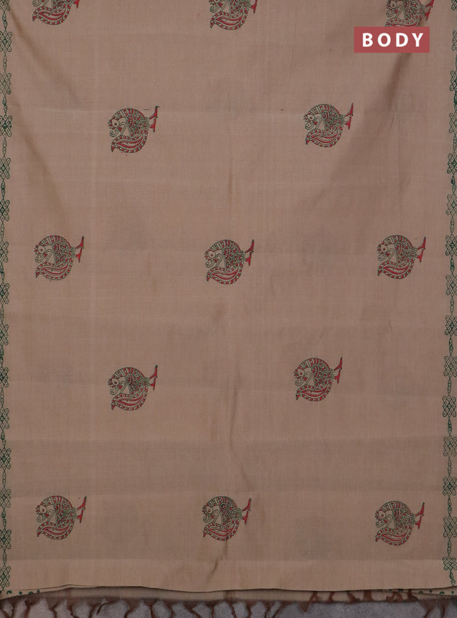 Semi silk cotton saree beige and green with peacock butta prints and printed border