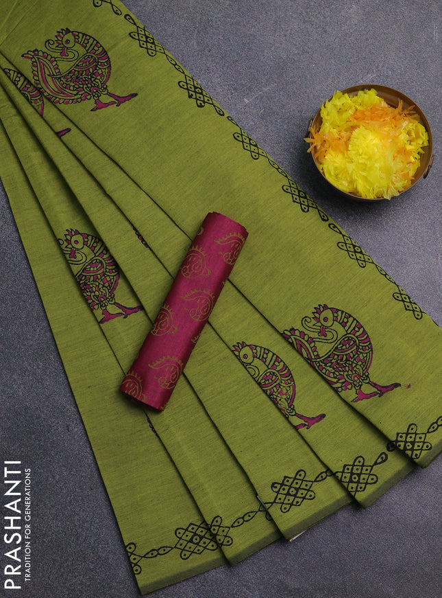 Semi silk cotton saree light green and pink with peacock butta prints and printed border