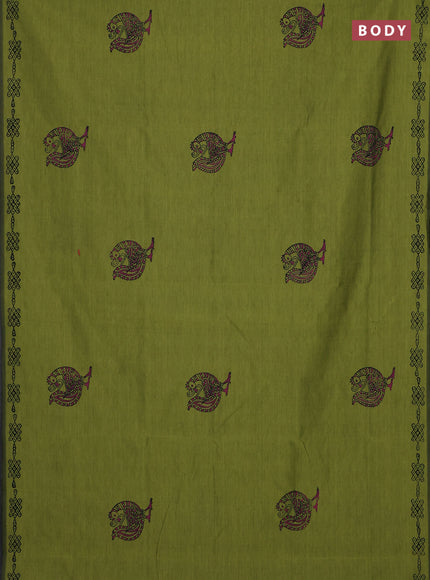 Semi silk cotton saree light green and pink with peacock butta prints and printed border