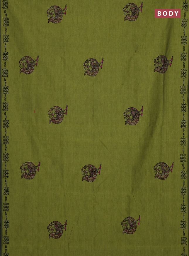 Semi silk cotton saree light green and pink with peacock butta prints and printed border