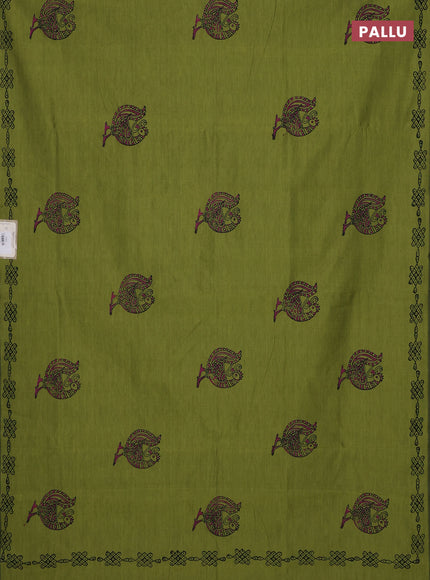 Semi silk cotton saree light green and pink with peacock butta prints and printed border