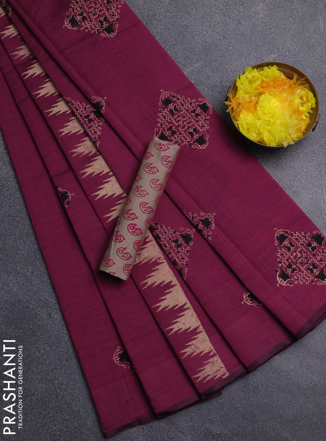 Semi silk cotton saree dark magenta pink and beige with rangoli butta prints and butta printed border