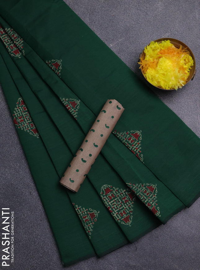 Semi silk cotton saree green and beige with rangoli butta prints and butta printed border