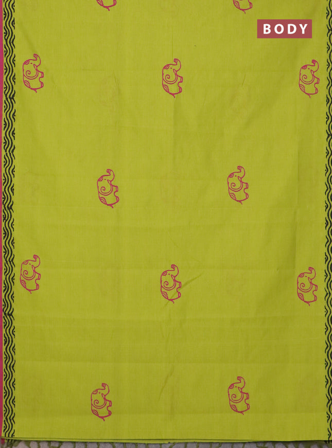 Semi silk cotton saree light green and magenta pink with butta prints and printed border