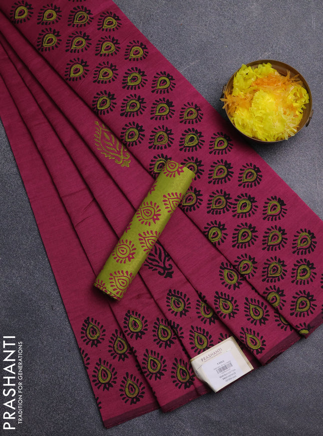 Semi silk cotton saree magenta pink and light green with butta prints and printed border