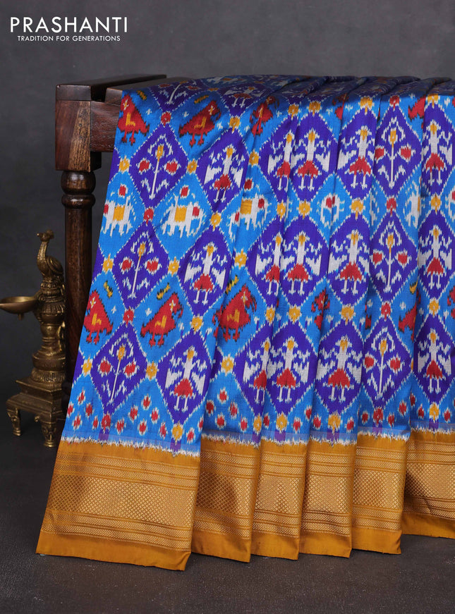 Pochampally silk saree blue cs blue and dark mustard with allover ikat weaves and zari woven border
