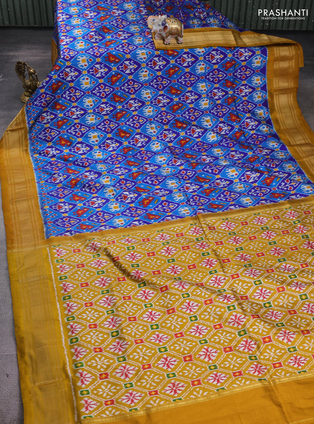 Pochampally silk saree blue cs blue and dark mustard with allover ikat weaves and zari woven border