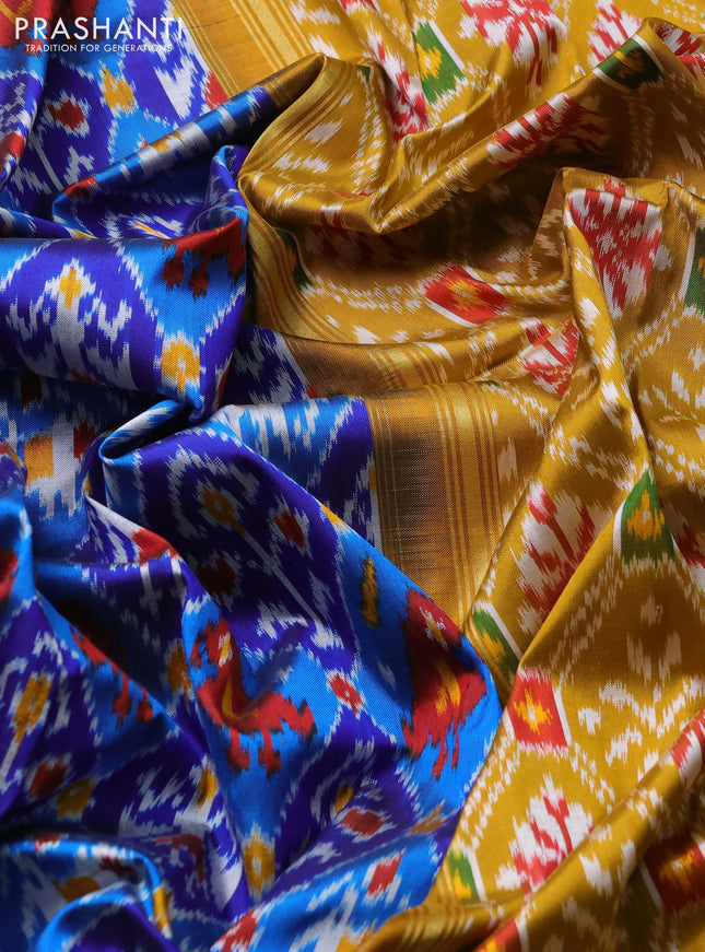Pochampally silk saree blue cs blue and dark mustard with allover ikat weaves and zari woven border
