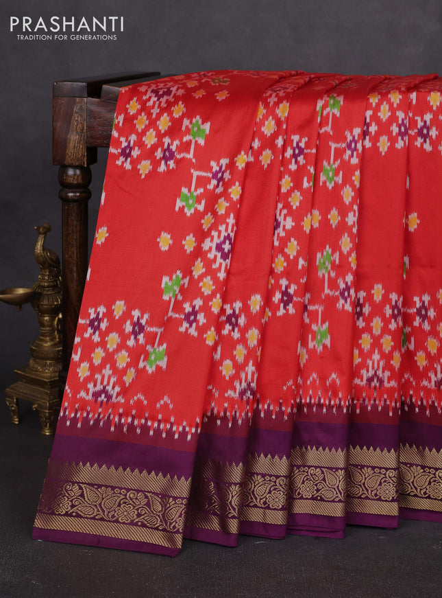 Pochampally silk saree red and purple with allover ikat weaves and temple design zari woven border