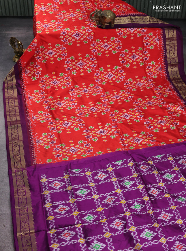 Pochampally silk saree red and purple with allover ikat weaves and temple design zari woven border