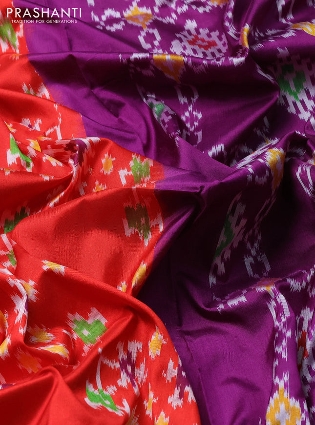 Pochampally silk saree red and purple with allover ikat weaves and temple design zari woven border