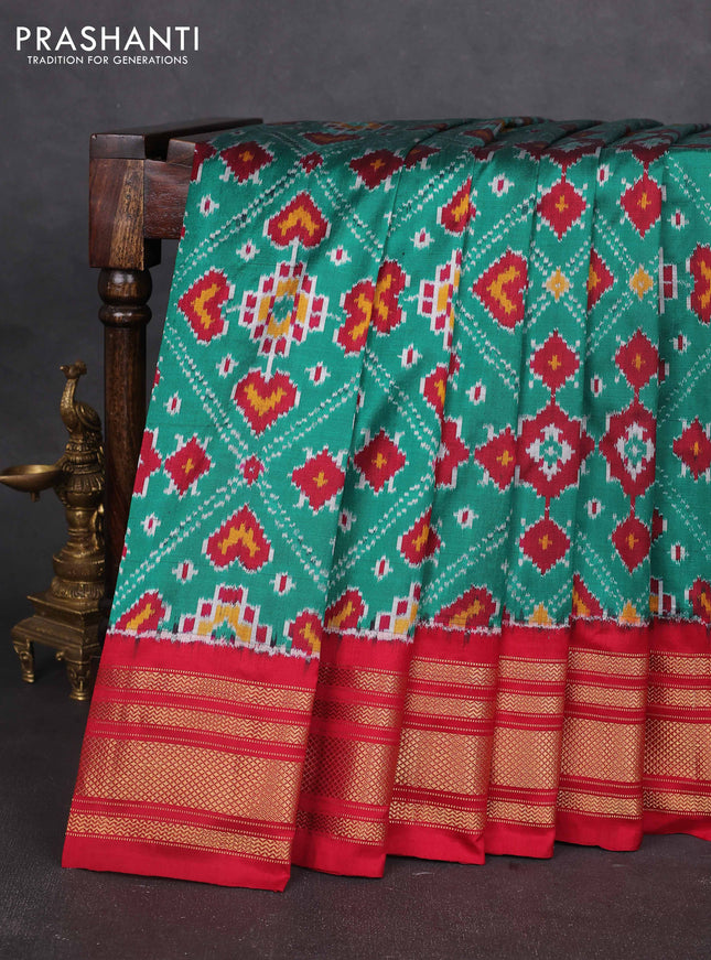 Pochampally silk saree teal green and maroon with allover ikat weaves and zari woven border
